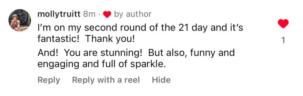 Screenshot of positive feedback on Sadie Nardini’s Face HIIT courses