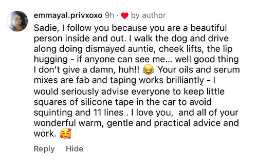 Screenshot of positive feedback on Sadie Nardini’s Face HIIT courses