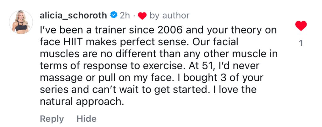 Positive social media comment about Sadie Nardini’s face fitness workouts