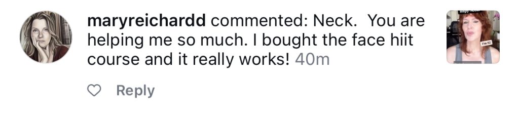 Positive social media comment about Sadie Nardini’s face fitness workouts