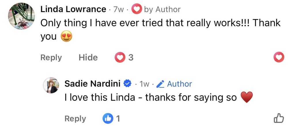 Screenshot of positive feedback on Sadie Nardini’s Face HIIT courses